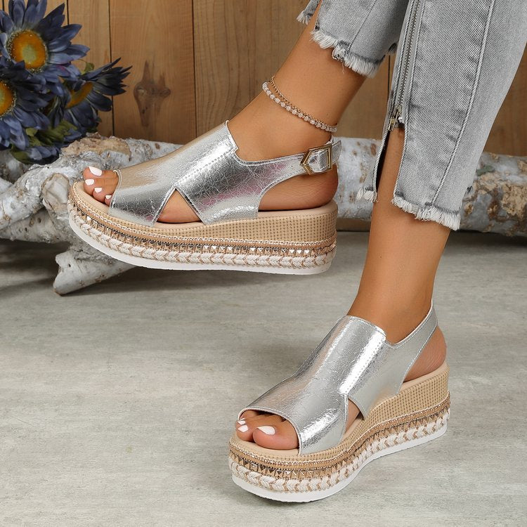 Women's Metallic Peep-Toe Buckle Wedge Sandals (photo 5)