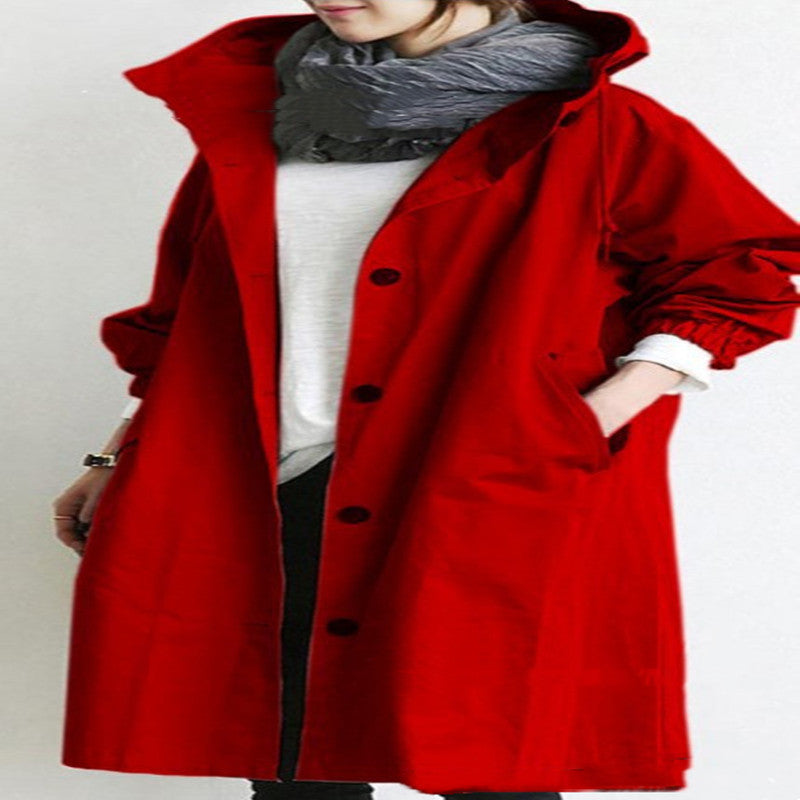 Women's Hooded Long Windbreaker with Buttons (photo 12)