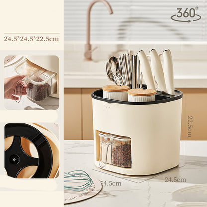 Kitchen Utensil Holder with 4-Compartment Spice Box – Rotating Utensil Holder with Spice Box