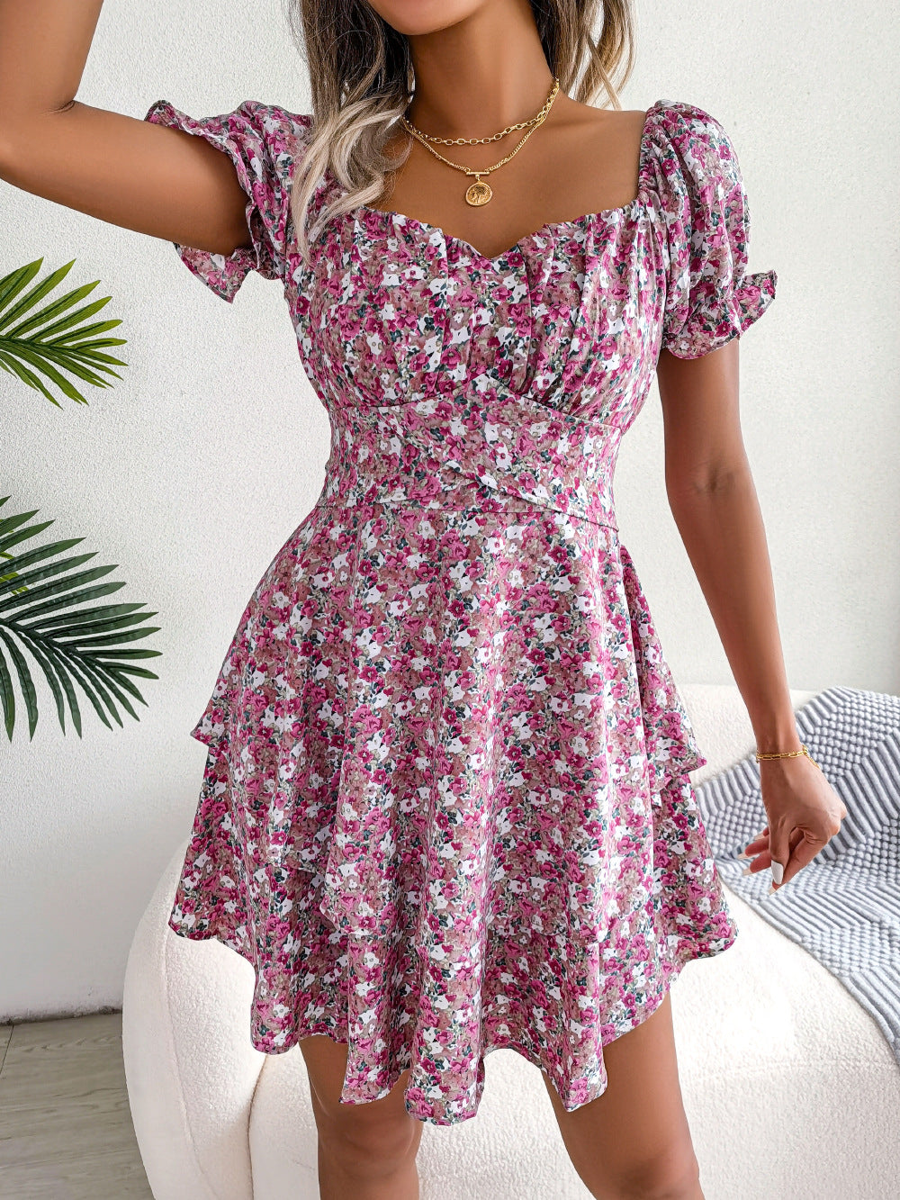 Women's Floral Short-Sleeve Ruffle Mini Dress (photo 11)