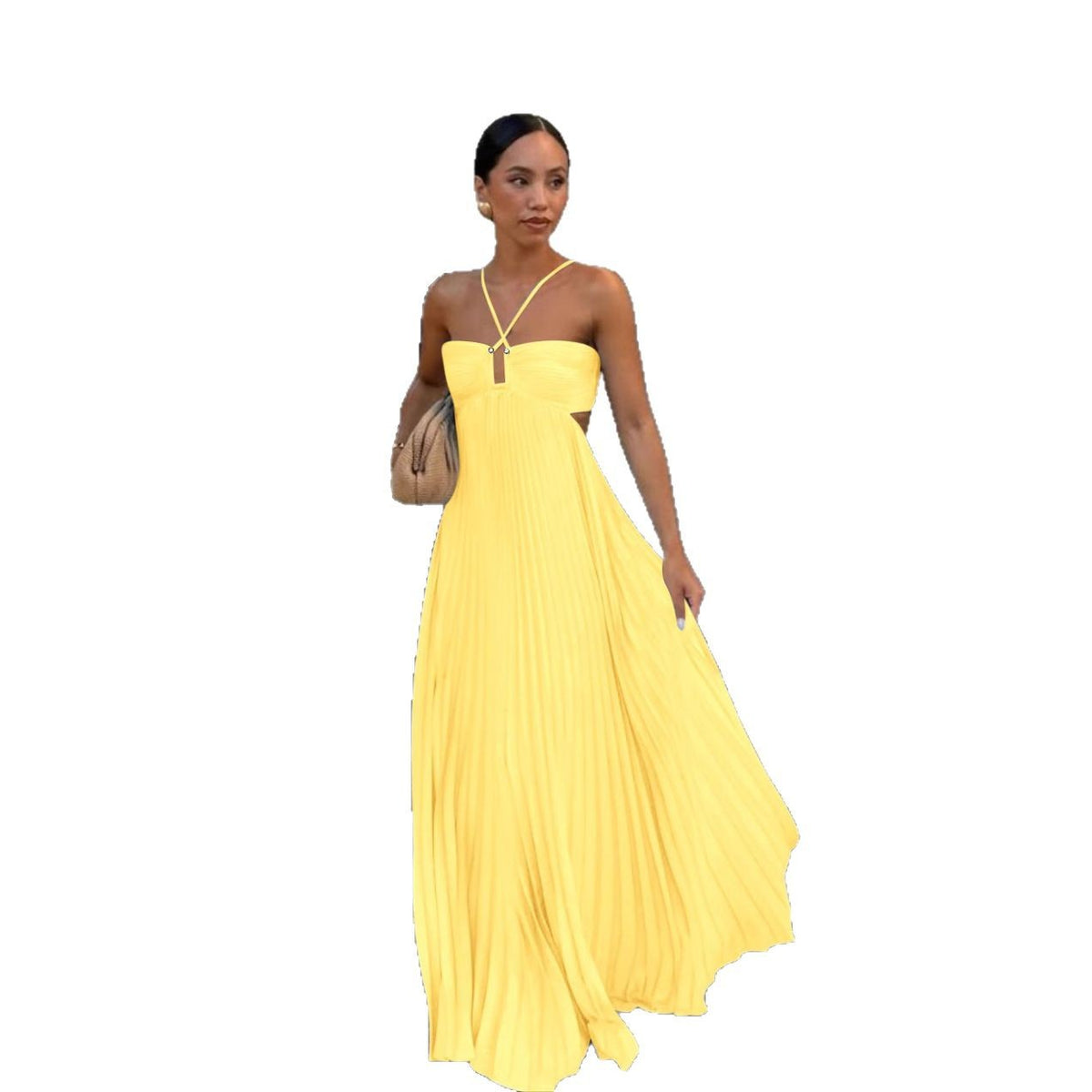 Women's Pleated Halter Maxi Dress with Cut-Out Detail (photo 15)