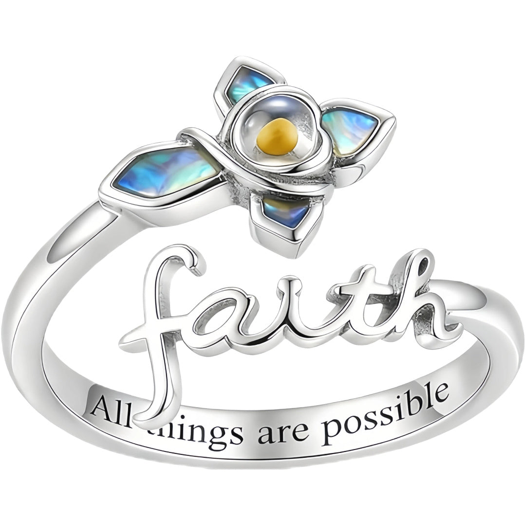 Sterling Silver Cross Ring with Mustard Seed and Abalone Shell, Adjustable