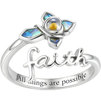 Sterling Silver Cross Ring with Mustard Seed and Abalone Shell, Adjustable