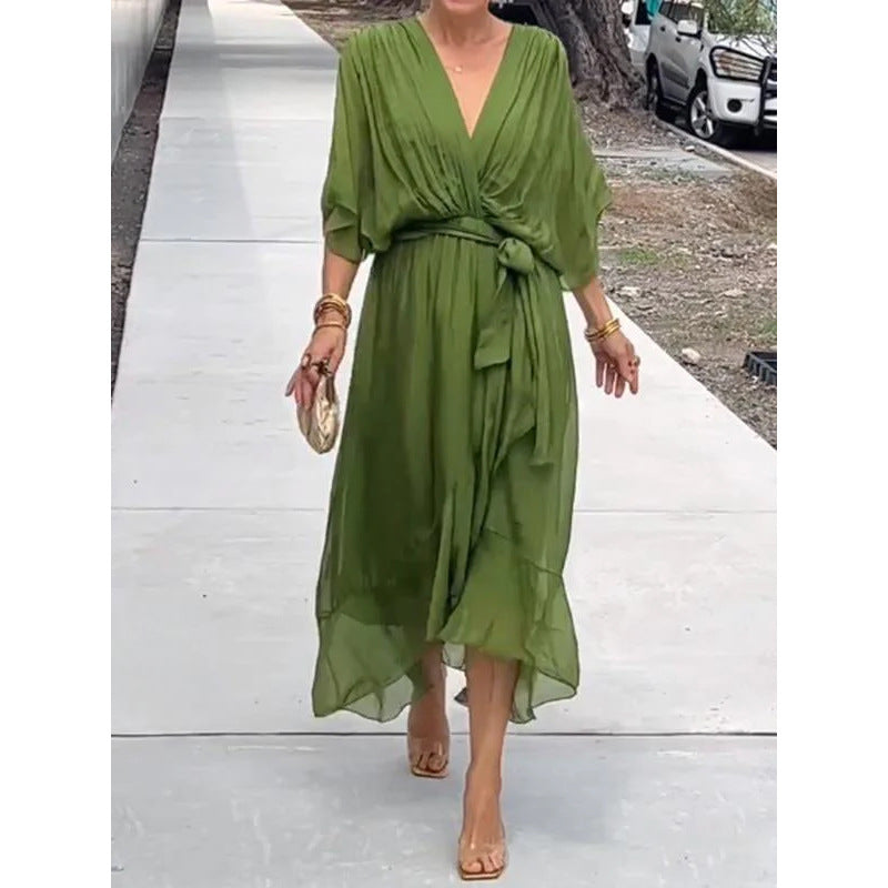 Women's Batwing-Sleeve V-Neck Tie-Waist Midi Dress (photo 12)