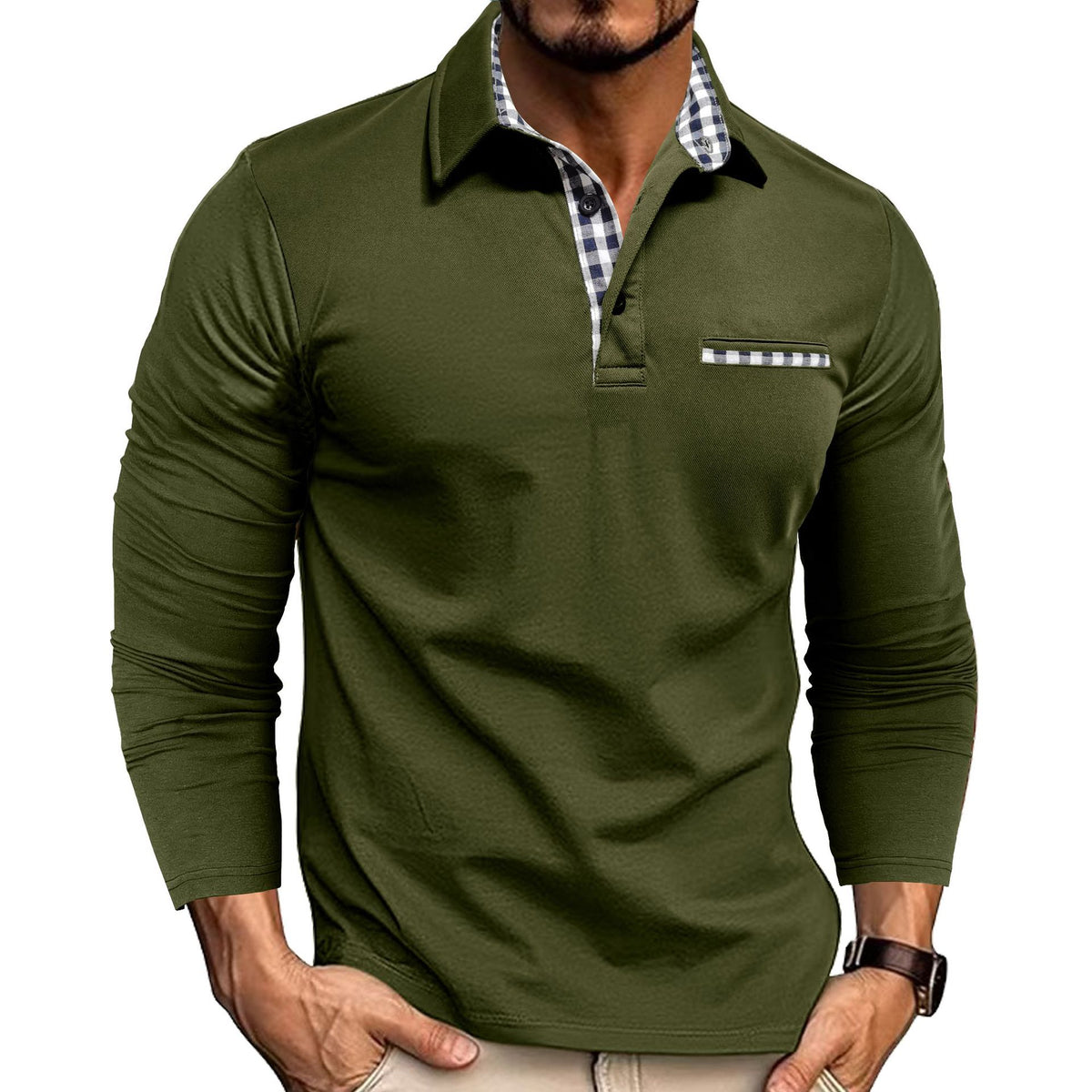 Men's Plaid-Panel Lapel Long-Sleeve Polo Shirt (photo 5)