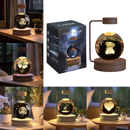 3D Engraved Crystal Ball Night Light with Wooden Base, USB