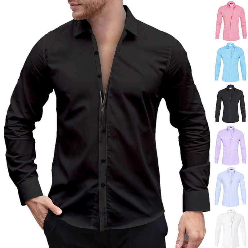 Men's Lapel Zip-Front Long-Sleeve Shirt