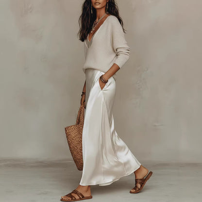 Women's Satin Slip Maxi Dress and Knit Top Two-Piece Set (photo 5)