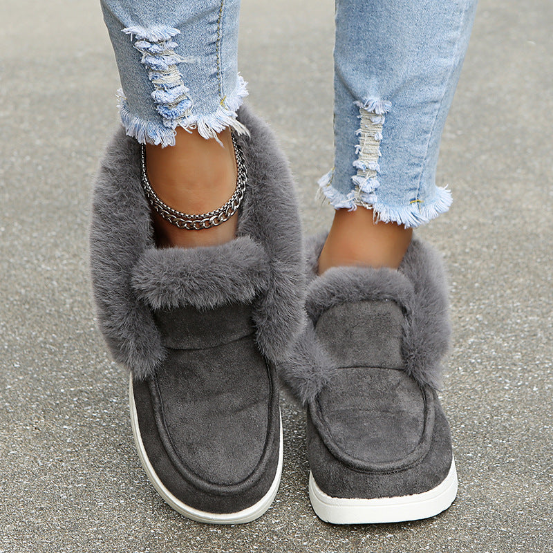 Women's Slip-On Snow Boots with Plush Collar and Lining – Gray