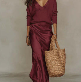 Women's Satin Slip Maxi Dress and Knit Top Two-Piece Set (photo 17)
