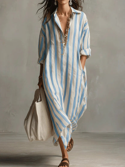 Women's Striped Split-Collar Long Shirt Dress (photo 10)