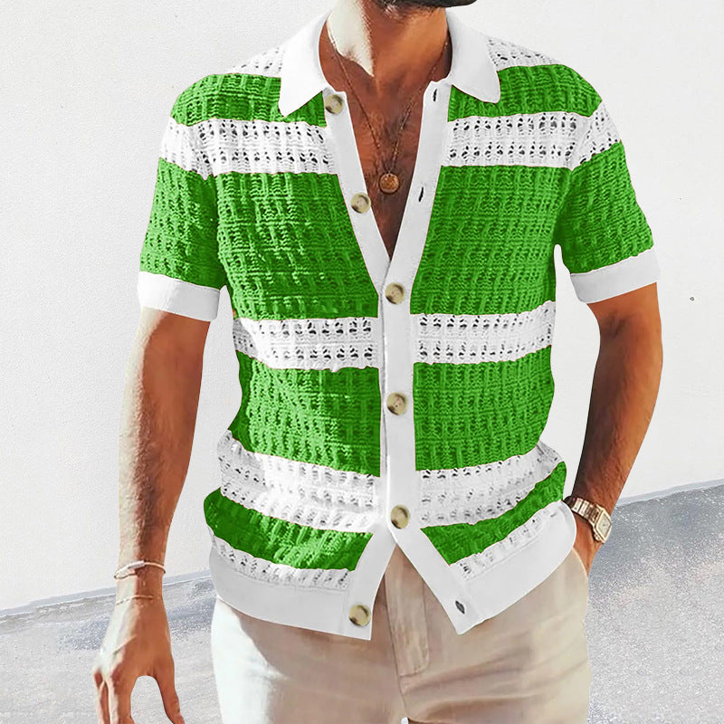 Men's Knit Polo Cardigan Shirt with Cut-Out Pattern (photo 6)