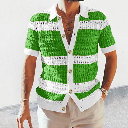 Men's Knit Polo Cardigan Shirt with Cut-Out Pattern (photo 6)