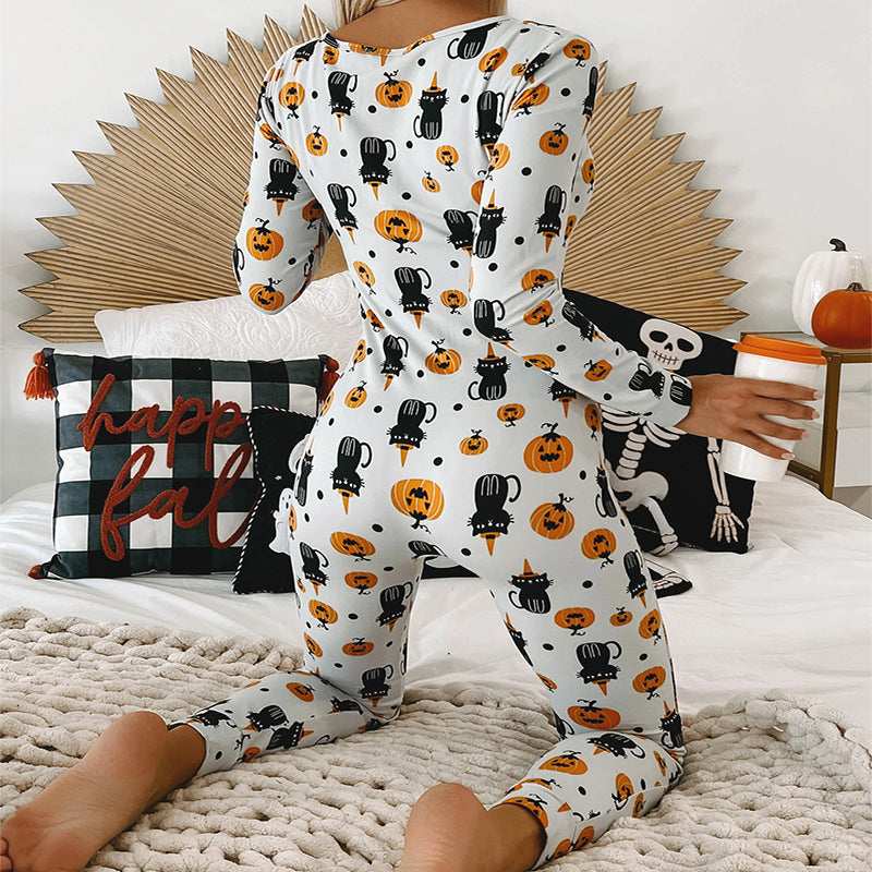 Women's Halloween Print Long-Sleeve Jumpsuit Pajamas (photo 5)
