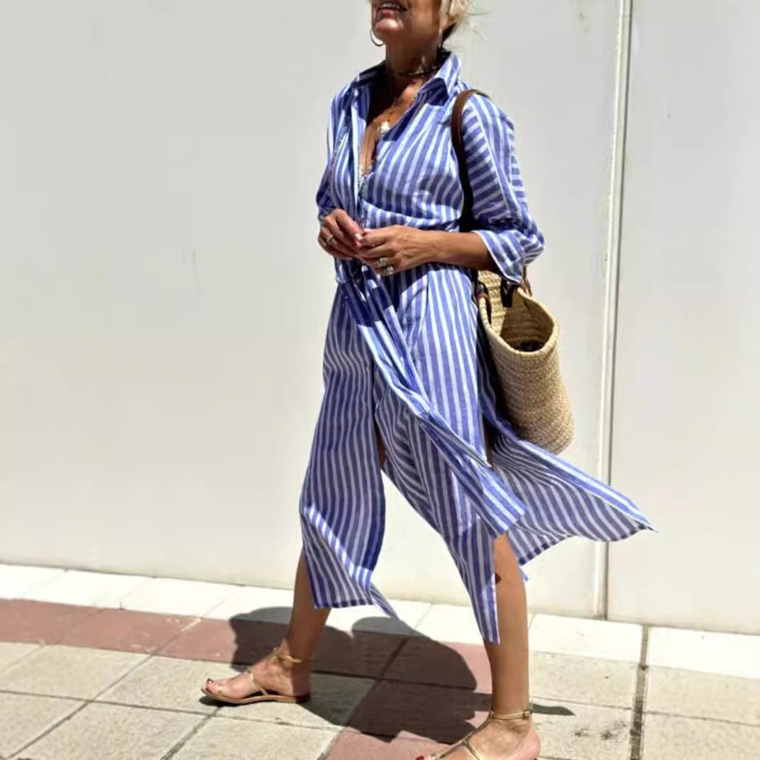 Women's Striped Half-Sleeve Shirt Dress with Belt (photo 3)