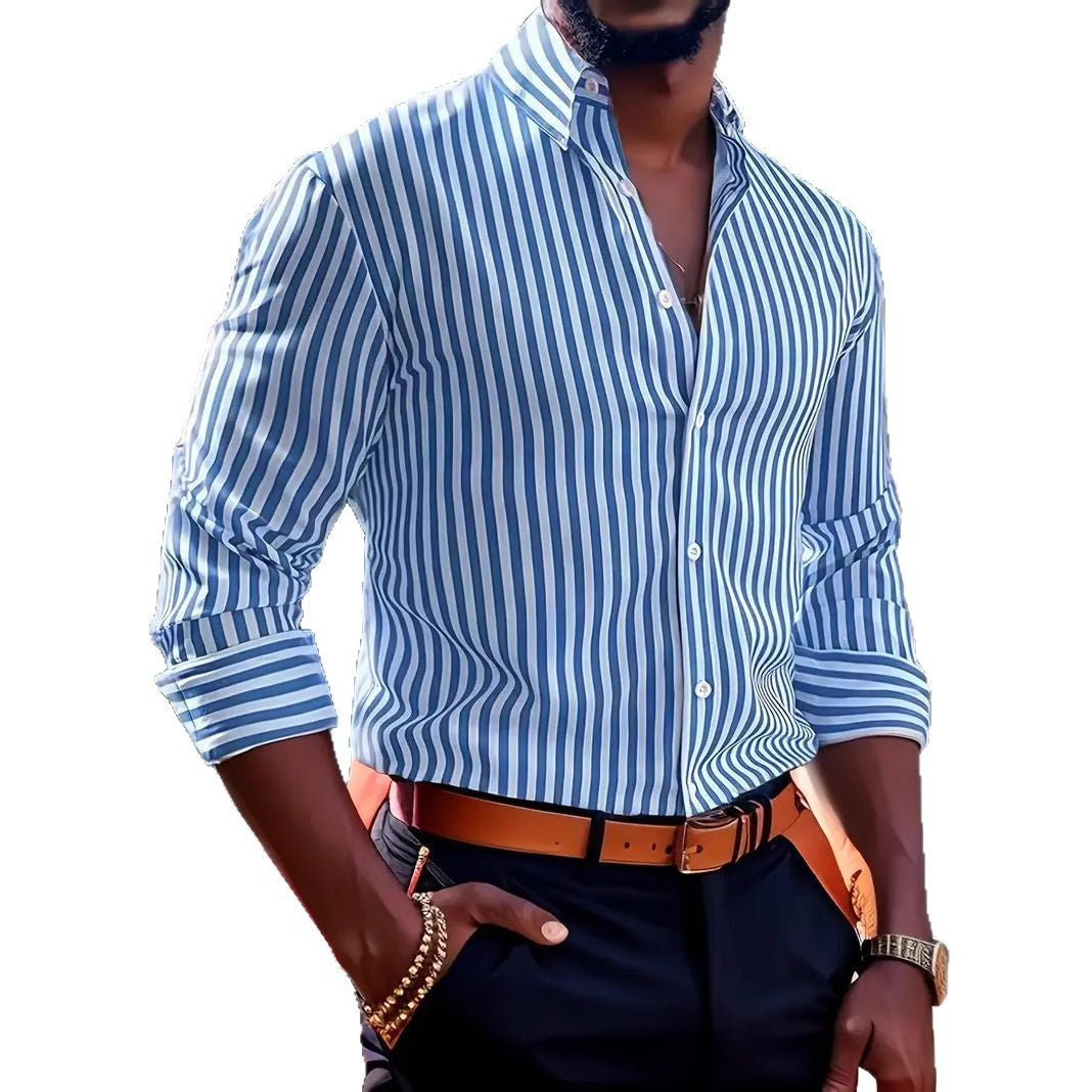 Men's Striped Long-Sleeve Lapel Button Shirt (photo 12)