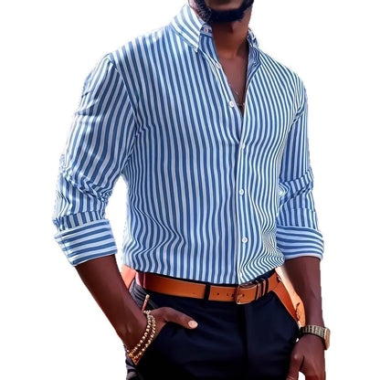 Men's Striped Long-Sleeve Lapel Button Shirt (photo 12)