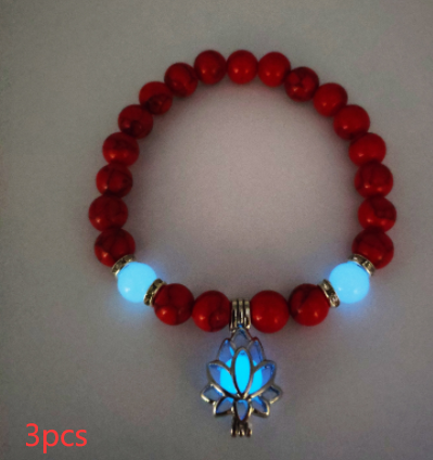 Glow-in-the-Dark Lotus Charm Beaded Bracelet – C, 3-Pack