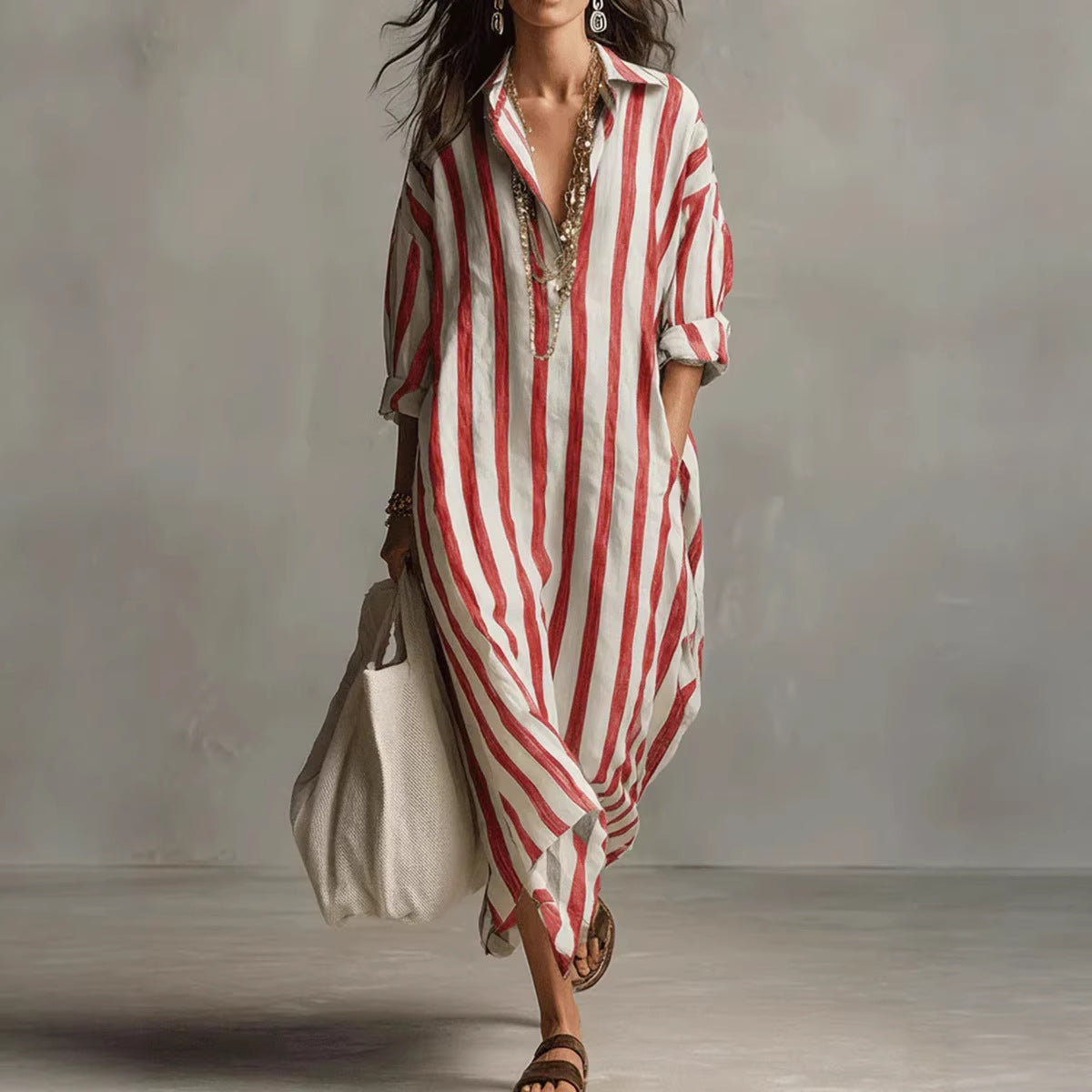 Women's Striped Split-Collar Long Shirt Dress (photo 3)