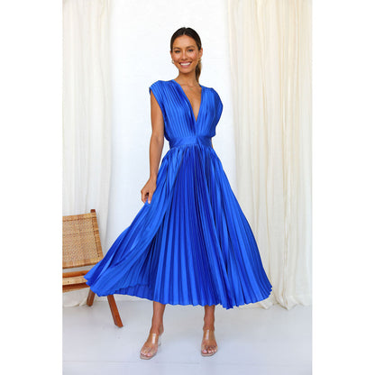Women's V-Neck Pleated Sleeveless Dress with Zipper (photo 5)
