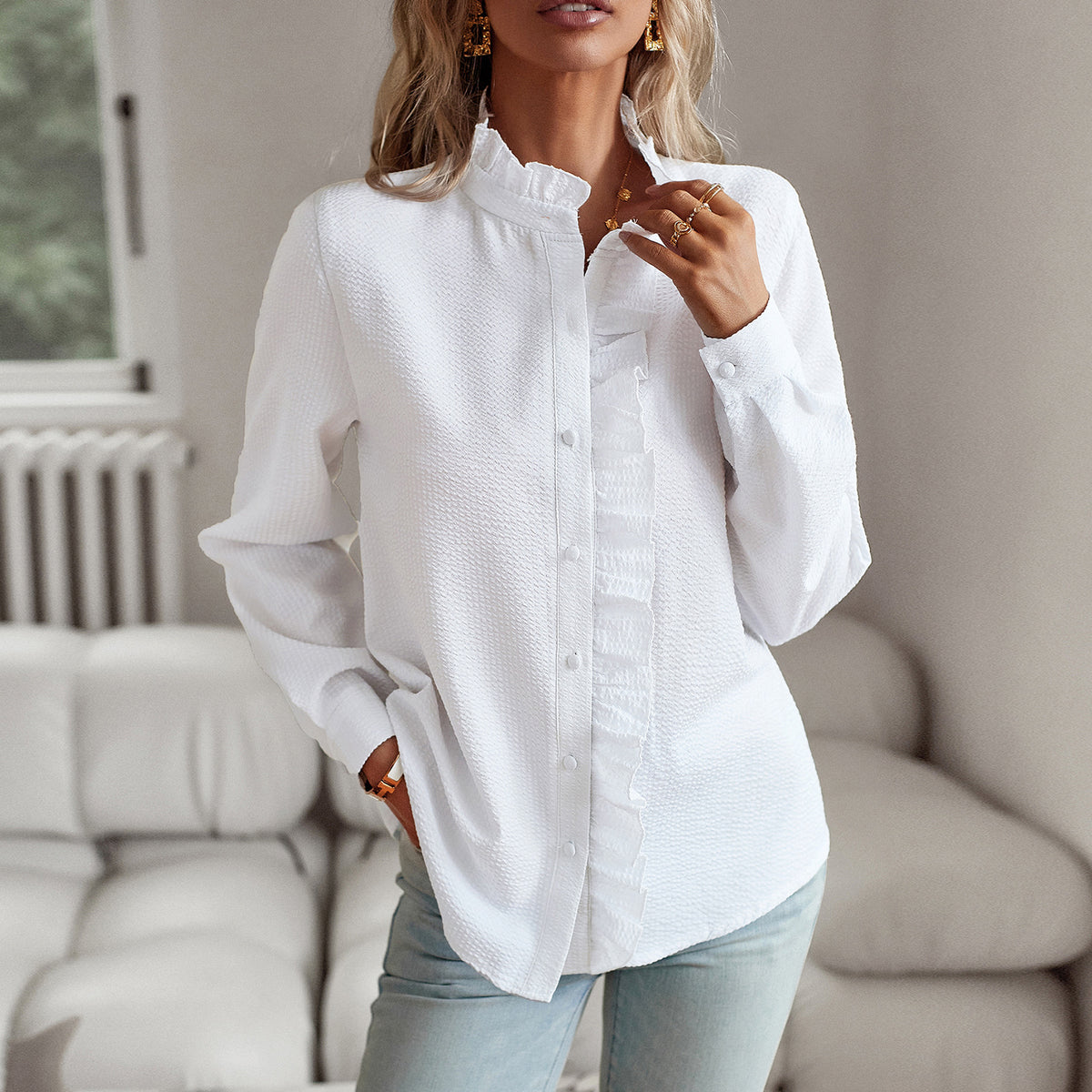 Women's Striped Ruffle Long-Sleeve Button-Up Blouse (photo 11)