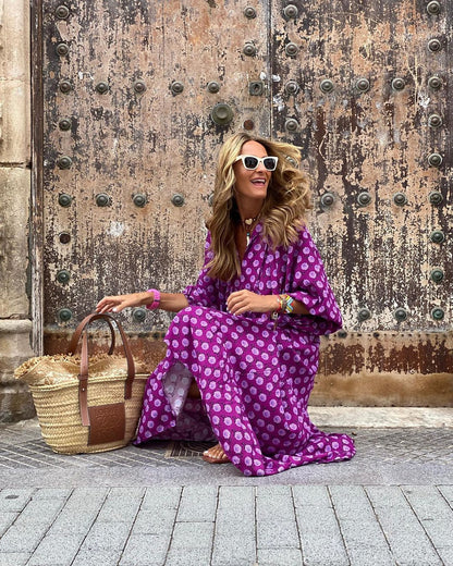Women's Boho Print V-Neck Short-Sleeve Long Dress (photo 6)