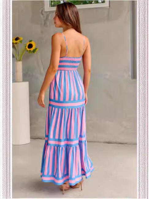 Women's Striped Strappy Maxi Dress with Pockets (photo 6)