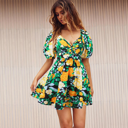 Women's Floral V-Neck Lantern-Sleeve Mini Dress (photo 4)