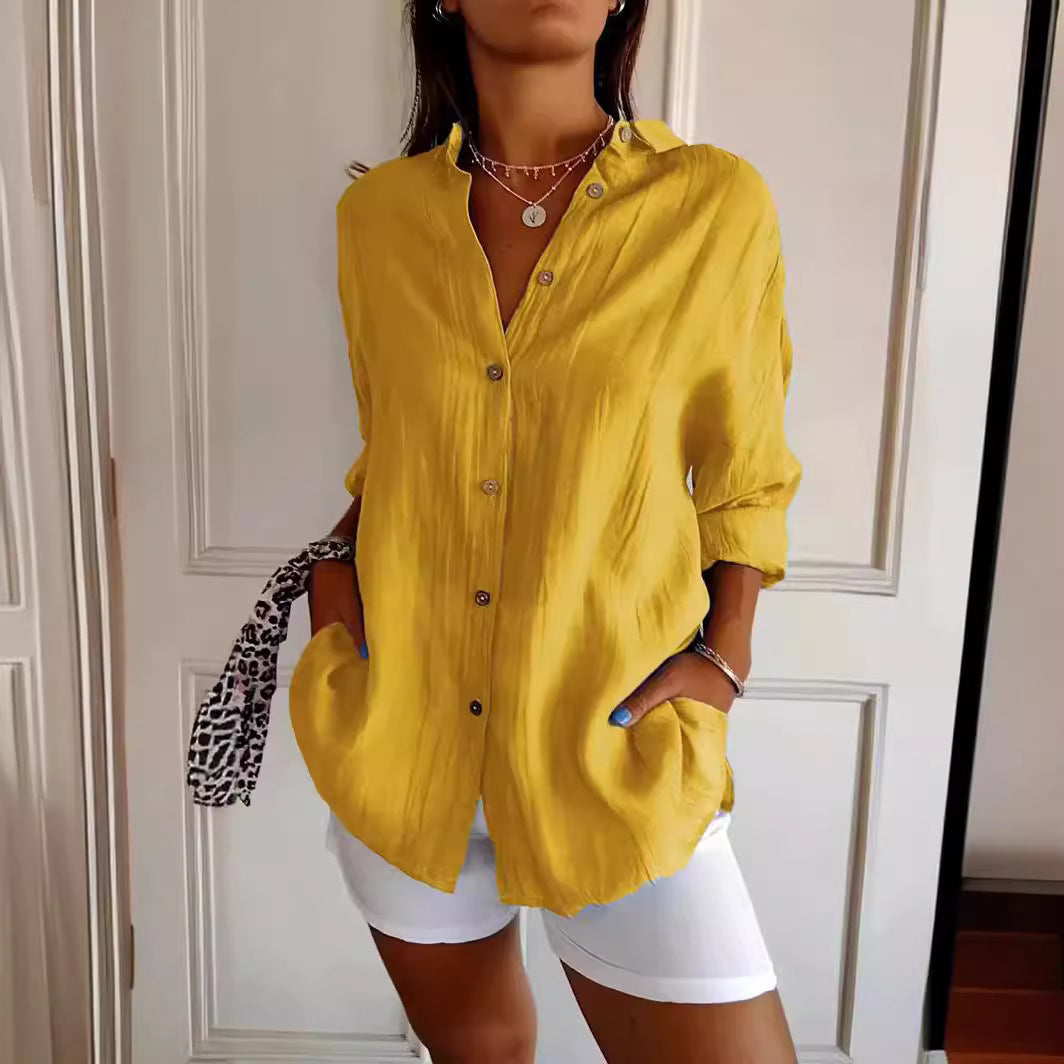 Women's Lapel Long-Sleeve Pleated Button-Front Shirt (photo 3)