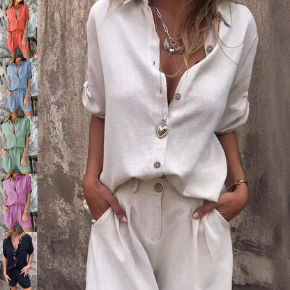 Women's Short-Sleeve Lapel Shirt and Shorts Set