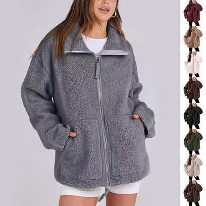 Women's Lapel Zip-Up Fleece Coat with Pockets