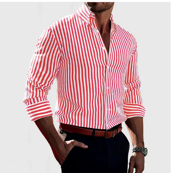 Men's Striped Long-Sleeve Lapel Button Shirt (photo 16)