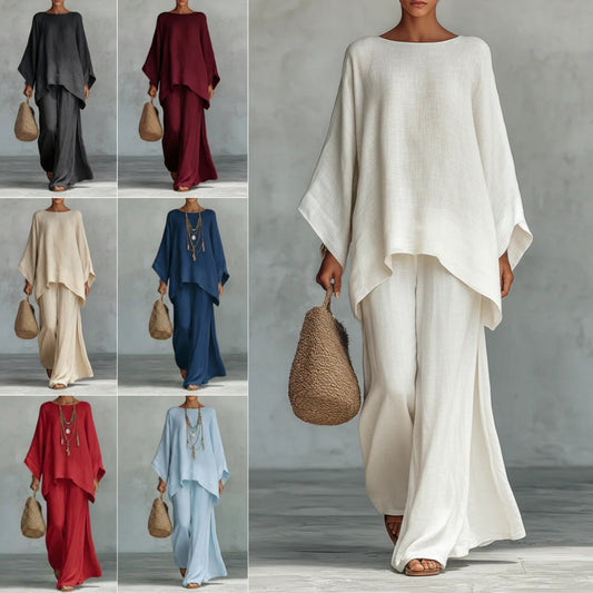 Women's Relaxed Long-Sleeve Top and Wide-Leg Pants Set