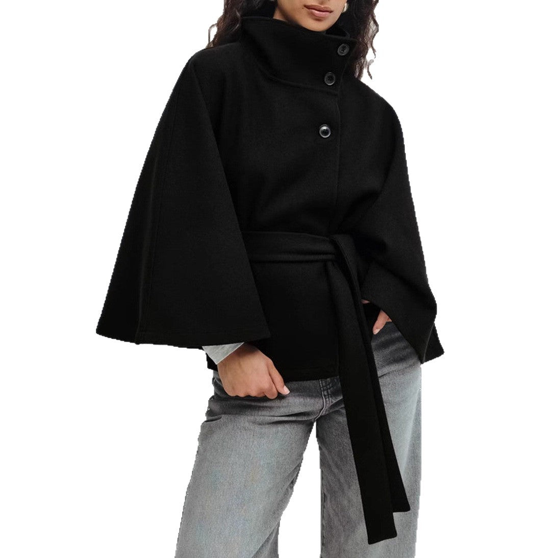 Women's High-Neck Batwing-Sleeve Belted Coat (photo 11)