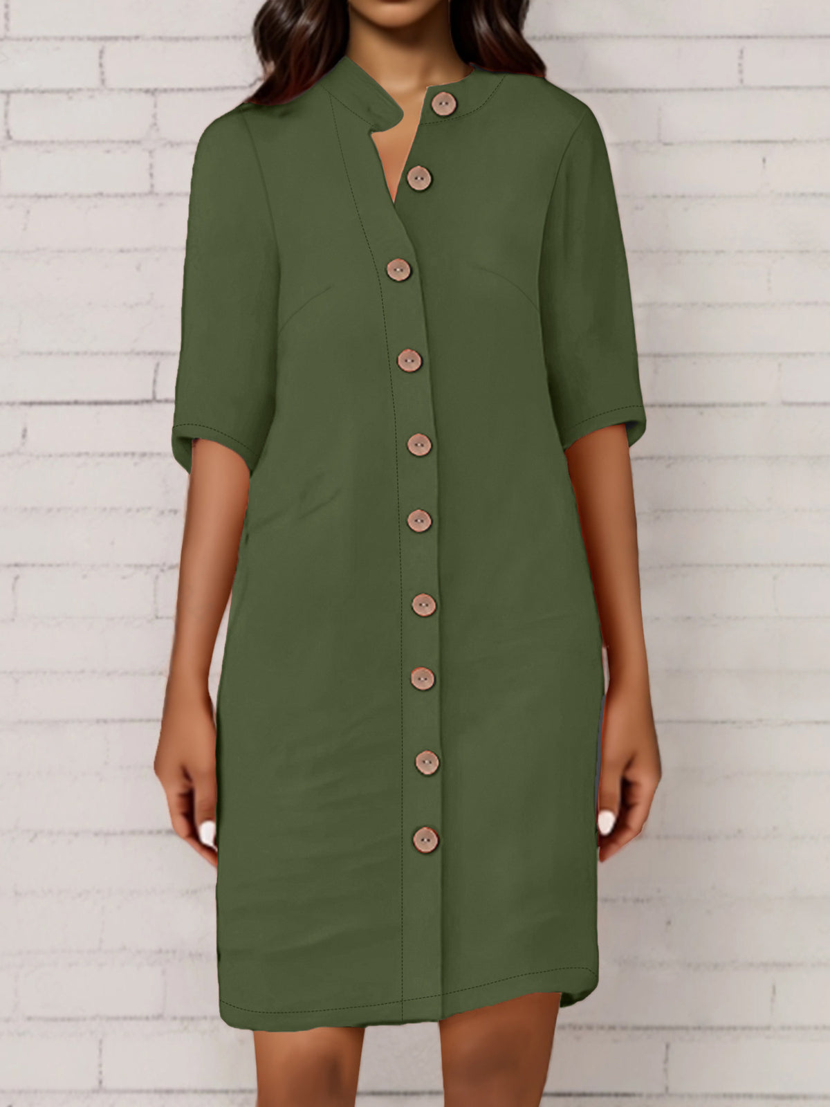 Women's Half-Sleeve V-Neck Button-Front Shirt Dress (photo 15)