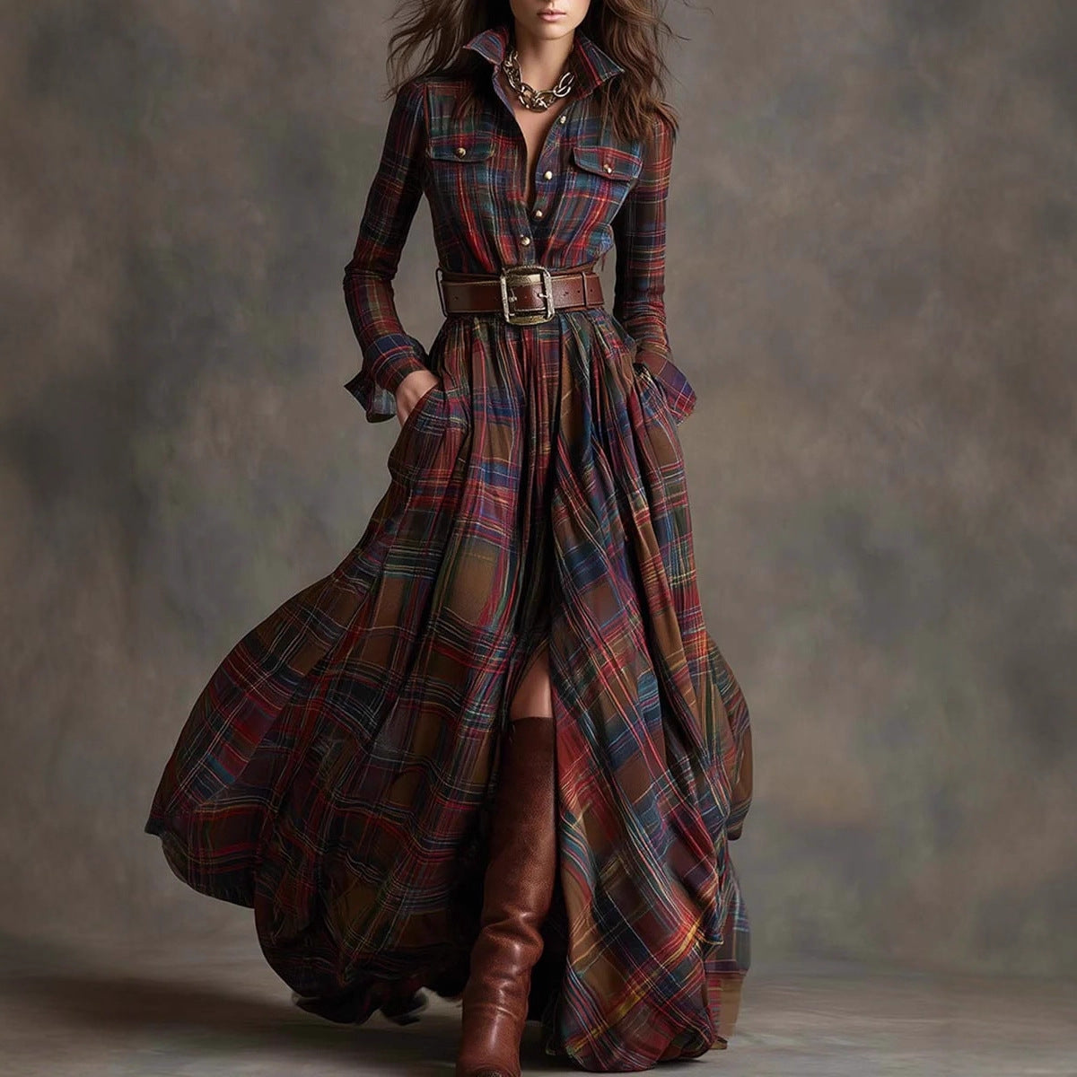 Women's Plaid Long-Sleeve Shirt Dress with Pockets (photo 6)