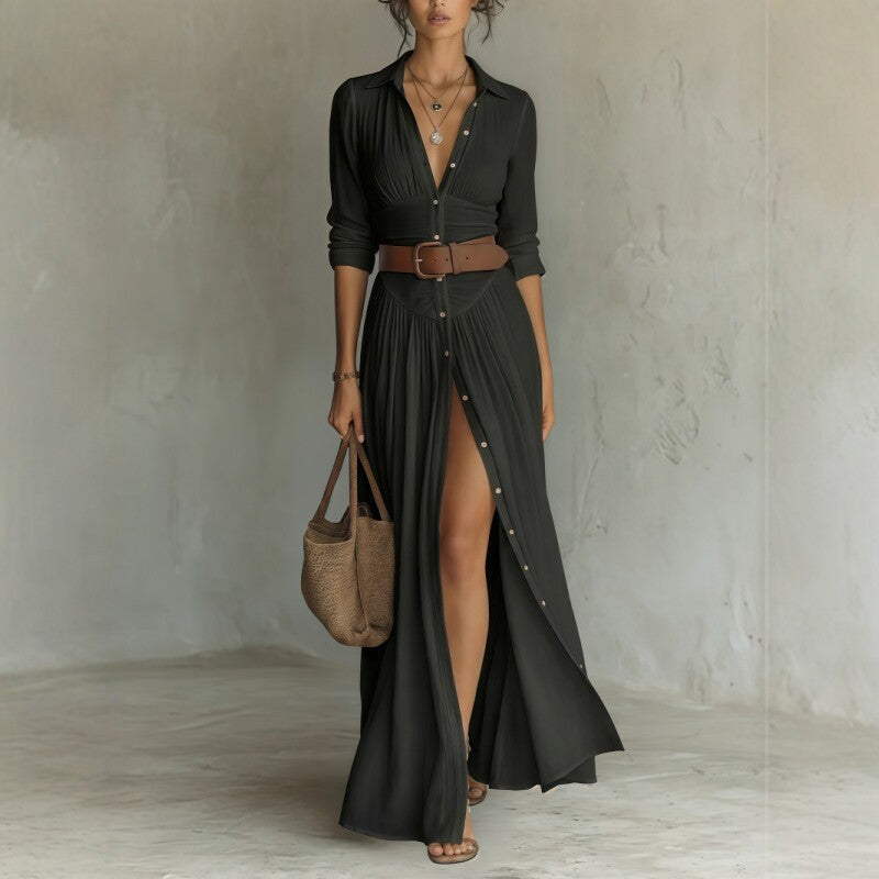 Women's V-Neck Maxi Shirt Dress with Side Slit (photo 3)