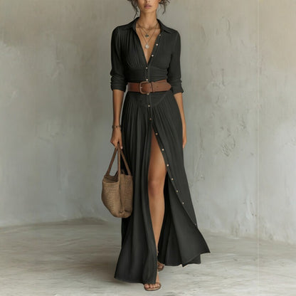 Women's V-Neck Maxi Shirt Dress with Side Slit (photo 3)