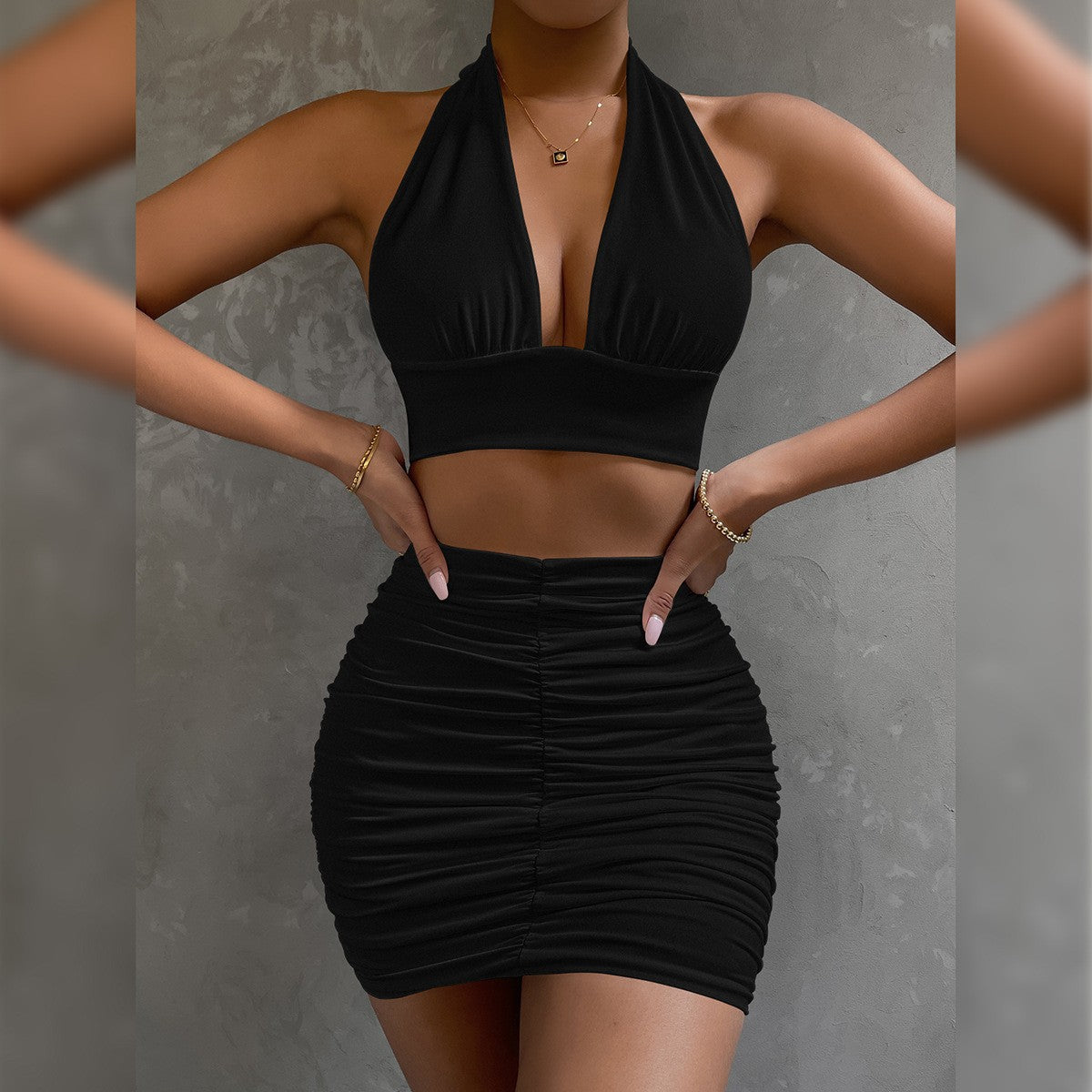 Women's Halter Lace-Up Top and Pleated Mini Skirt Set (photo 4)