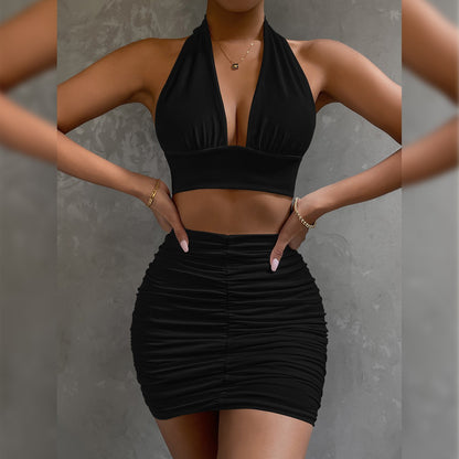 Women's Halter Lace-Up Top and Pleated Mini Skirt Set (photo 4)
