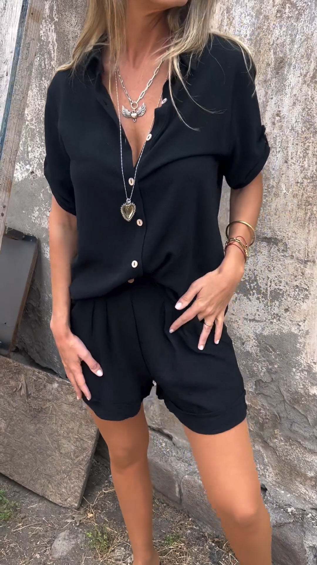 Women's Short-Sleeve Lapel Shirt and Shorts Set (photo 5)
