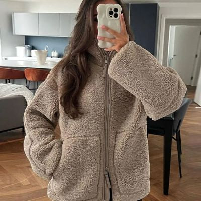 Women's Lapel Zip-Up Fleece Coat with Pockets (photo 15)