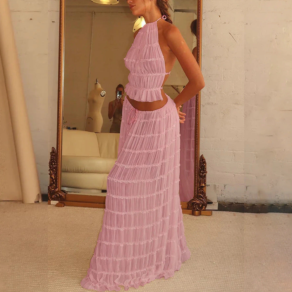 Women's Halter Crop Top and Pleated Maxi Skirt Set (photo 12)