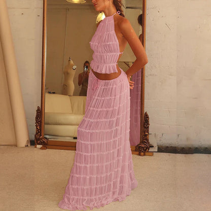 Women's Halter Crop Top and Pleated Maxi Skirt Set (photo 12)