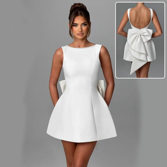 Women's Pearl Bow Backless Sleeveless A-Line Dress