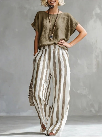 Women's Short-Sleeve T-Shirt and Striped Wide Pants Set (photo 7)