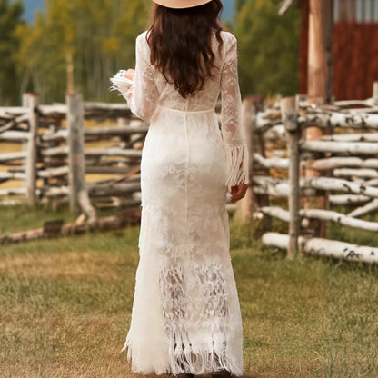 Women's Boho Lace Maxi Dress with Fringe Sleeves (photo 4)