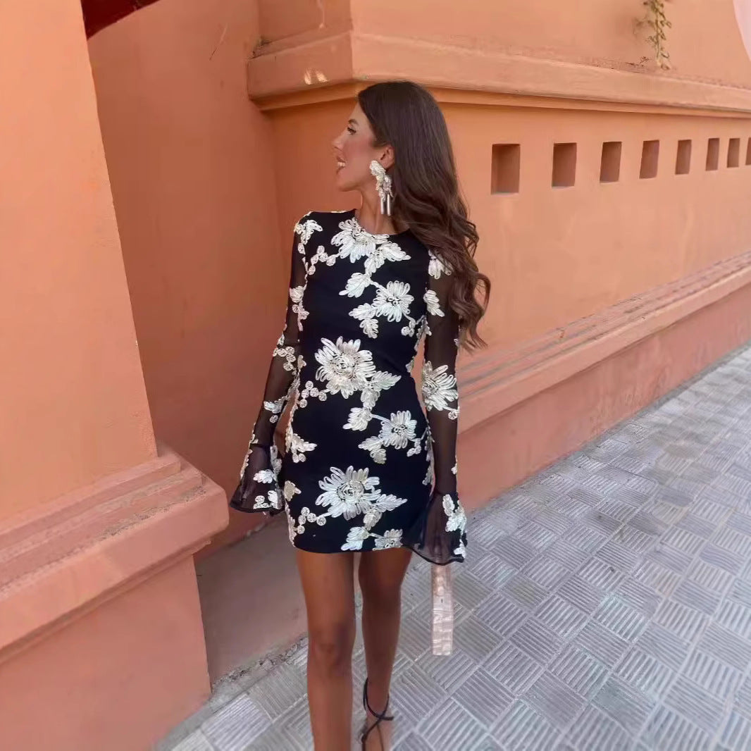 Women's Bell-Sleeve Mesh Mini Dress with Floral Details (photo 2)