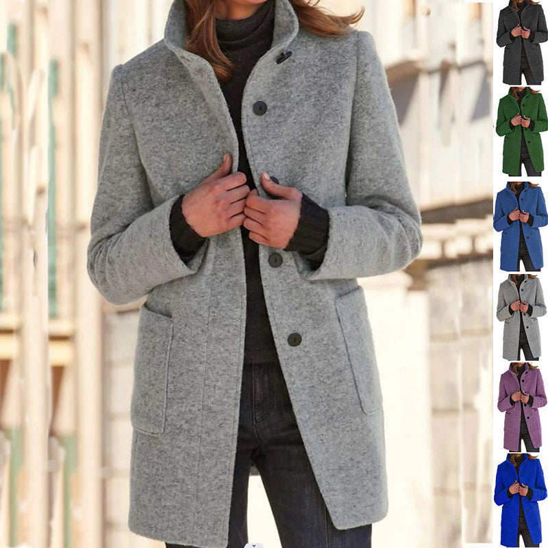 Women's Stand-Collar Button Coat with Pockets