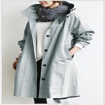 Women's Hooded Long Windbreaker with Buttons (photo 8)
